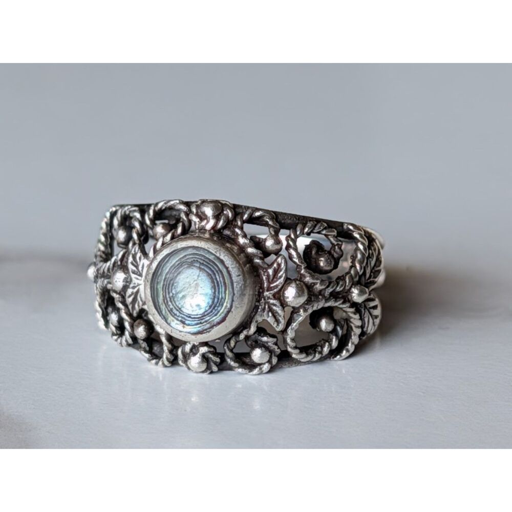 Vintage Abalone Filigree Leaf Design Sterling Silver Ring Size 7 ND Signed .925